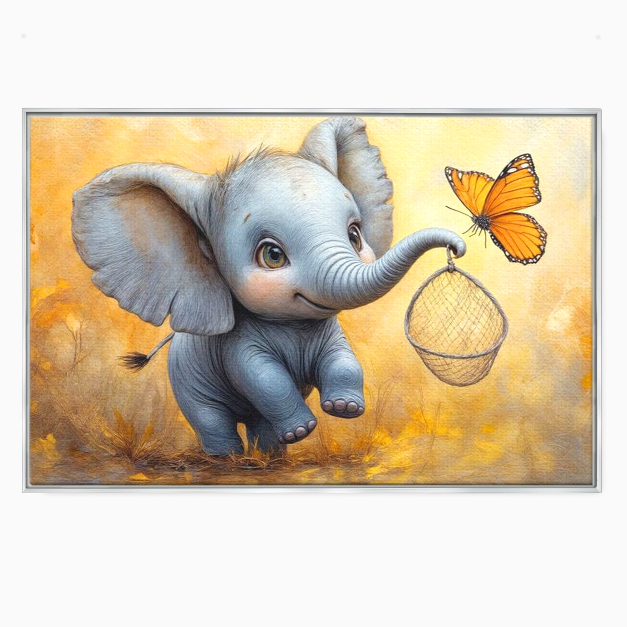 Tablou canvas cu ilustratie cu elefantel si fluture, in rama de aluminiu argintiu